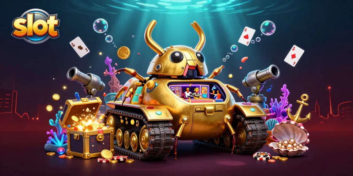 Menggali slot dengan tank kumbang emas yang membuka kasino mini serta simbol keberuntungan di dalamnya.