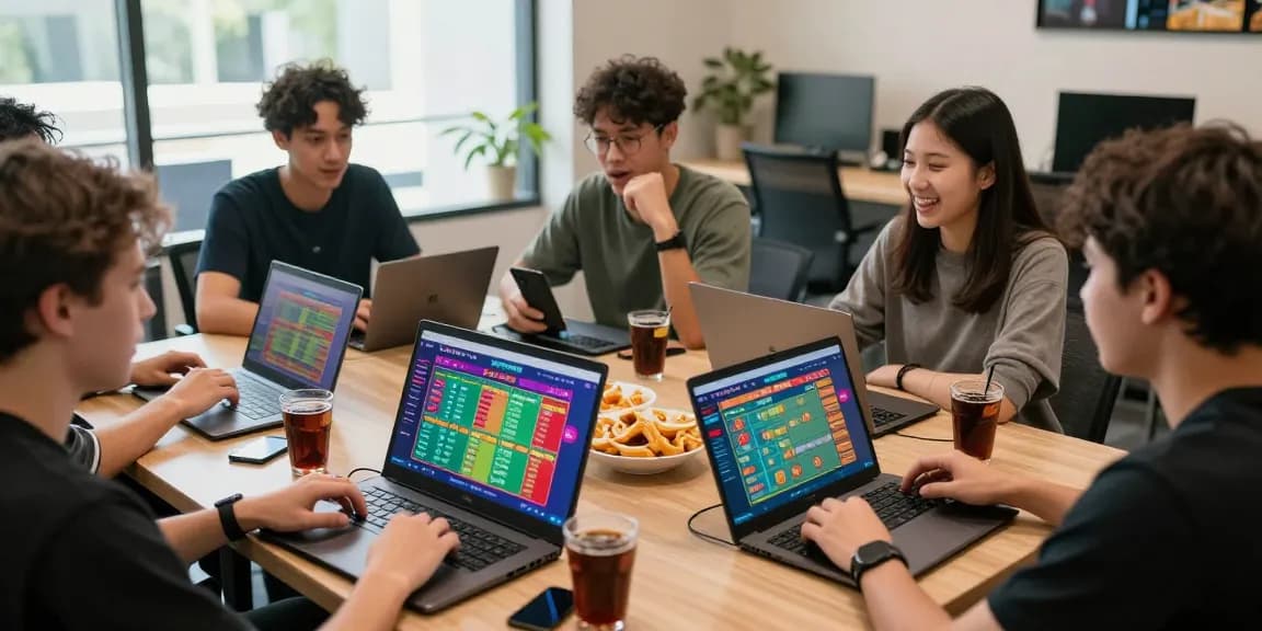 ULARTOTO players enjoying an engaging togel gaming session with laptops and vibrant graphics.