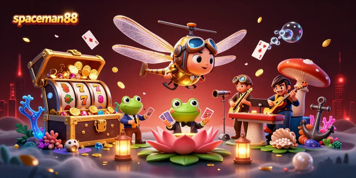Engage in the excitement with spaceman88 as the dragonfly pilot and frog croupier come alive in a casino fantasy.