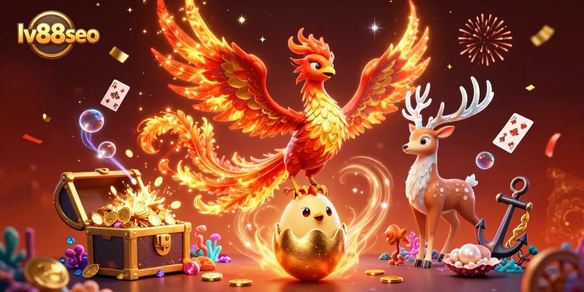 Engaging lv88seo illustration of a phoenix and stag amidst vibrant casino game elements and treasures.
