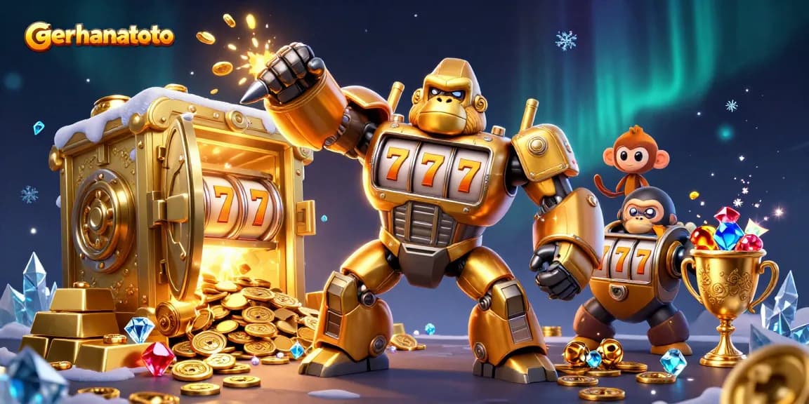 Bermain di gerhanatoto dengan karakter gorila emas dan simbol slot yang memukau.