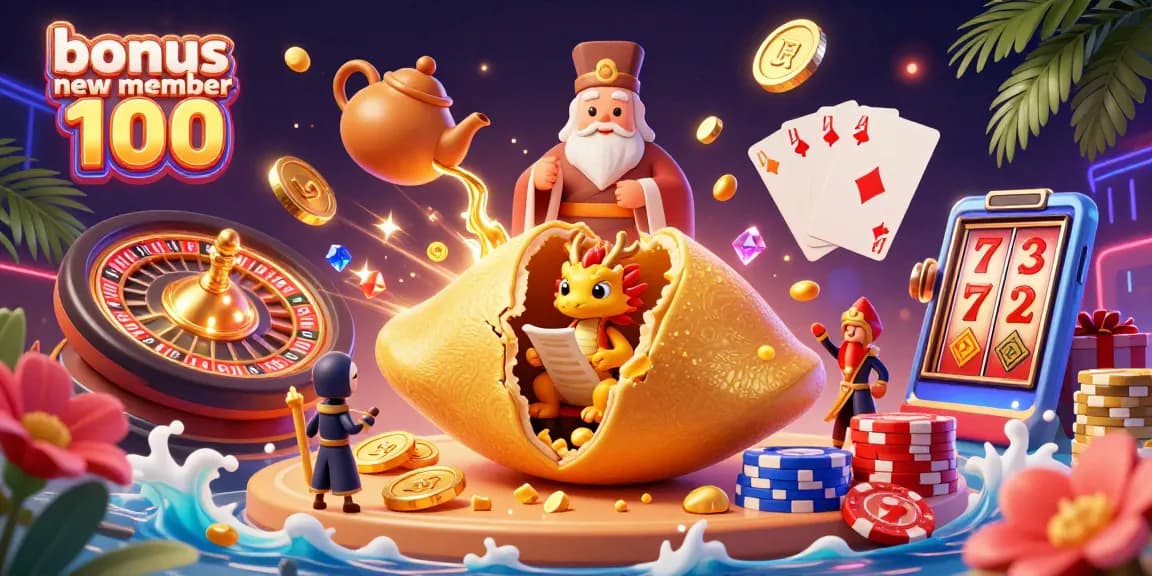 Experience the thrilling bonus new member 100 at a vibrant casino with a dragon and golden treasures!