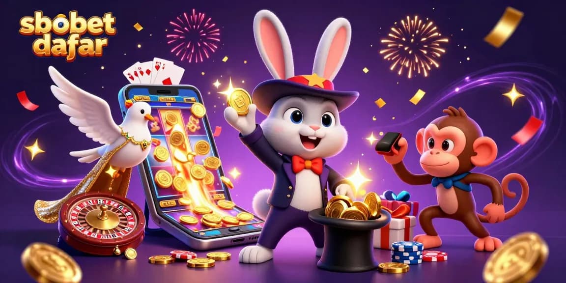 Experience thrilling sbobet daftar betting with a magician rabbit, golden coins, and vibrant casino elements.