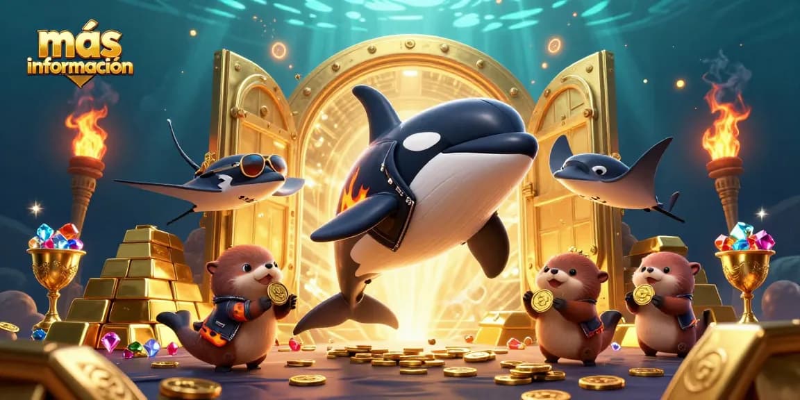 Con más información sobre casinos online, un orca, una manta y nutrias sosteniendo monedas en un fondo acuático.