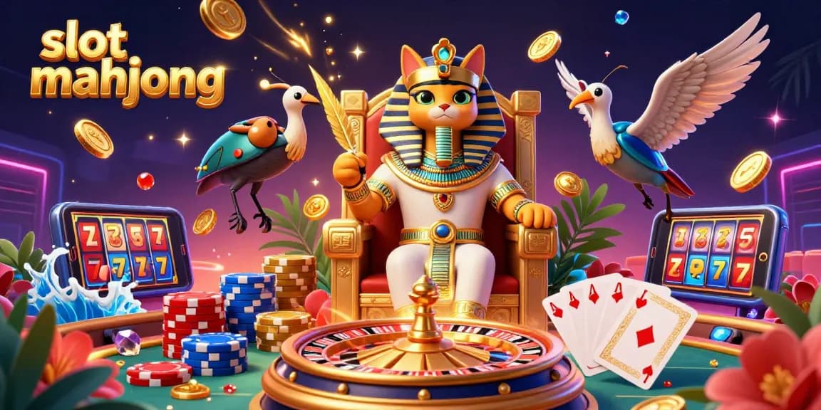 Spin lucky slot mahjong reels surrounded by golden coins, a pharaoh cat, and vibrant casino elements.