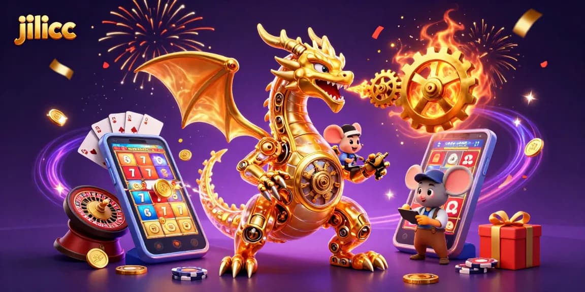 Experience exciting gaming action with jilicc, featuring a golden dragon and vibrant slot elements.