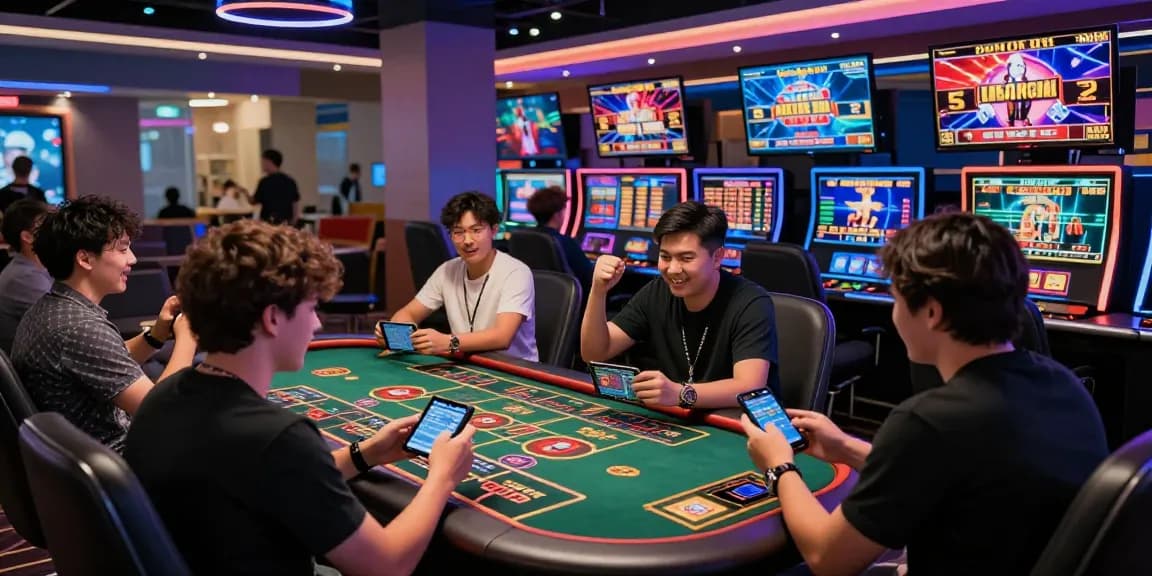 LUCK8 Casino players engaged in online betting with vibrant graphics and a dynamic atmosphere.