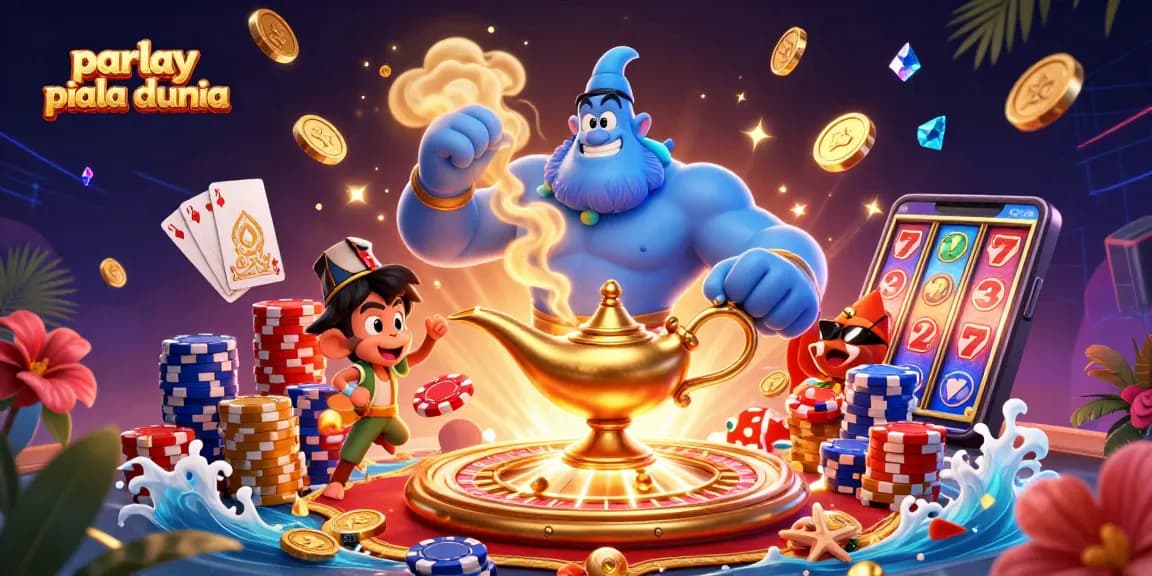 Betting with parlay piala dunia: 3D genie, monkey, and magic carpet in vibrant casino scene.