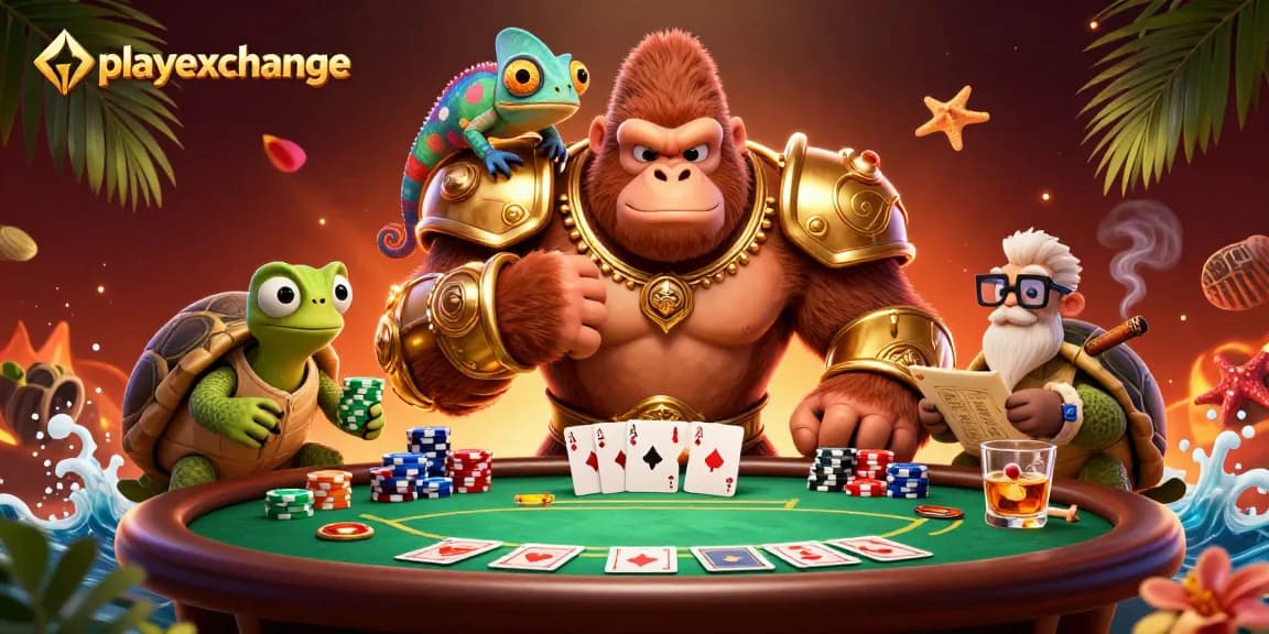 Engage in thrilling poker action with playexchange featuring a gorilla king and his companions.