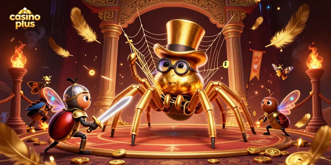 Engage with casino plus at an adventurous scene of a golden tarantula and knight in a vibrant casino realm.