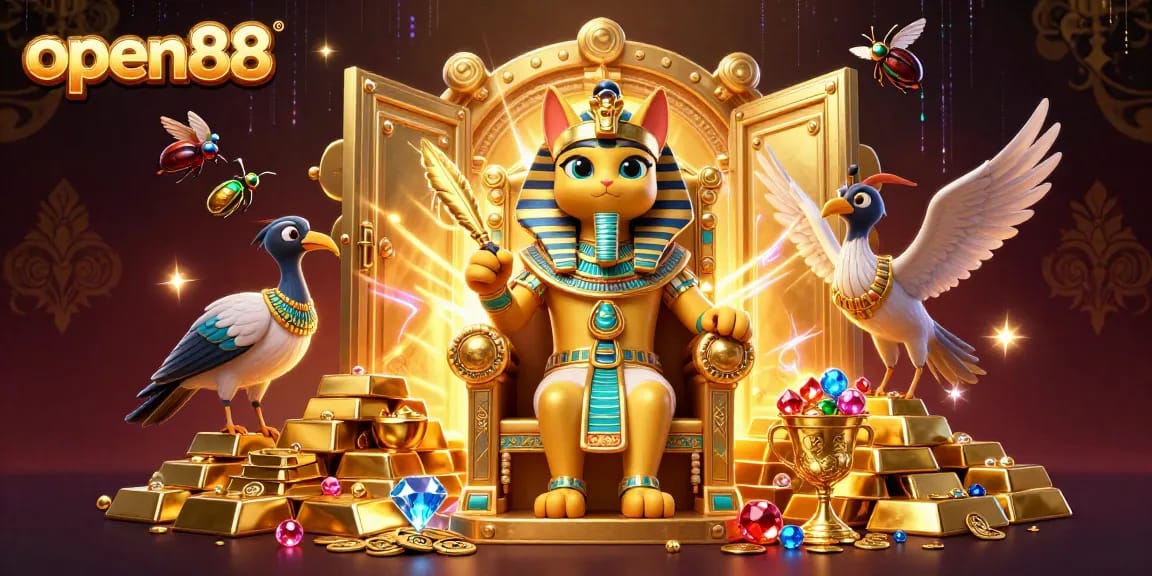 Experience thrilling betting action at open88, featuring a lavish pharaoh cat scene surrounded by treasures and game elements.