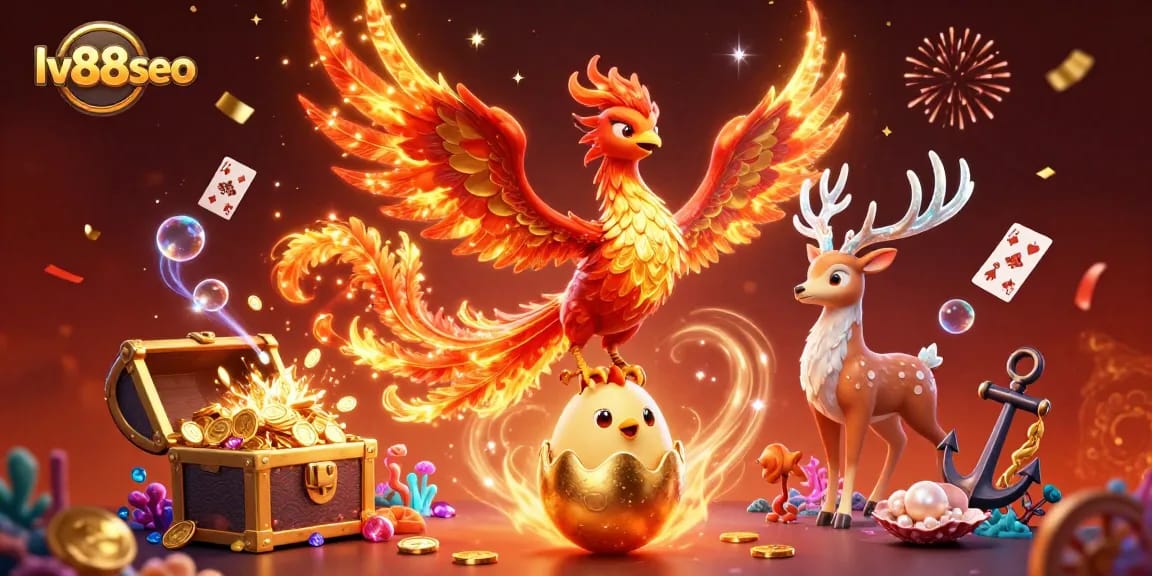Engaging lv88seo illustration of a phoenix and stag amidst vibrant casino game elements and treasures.