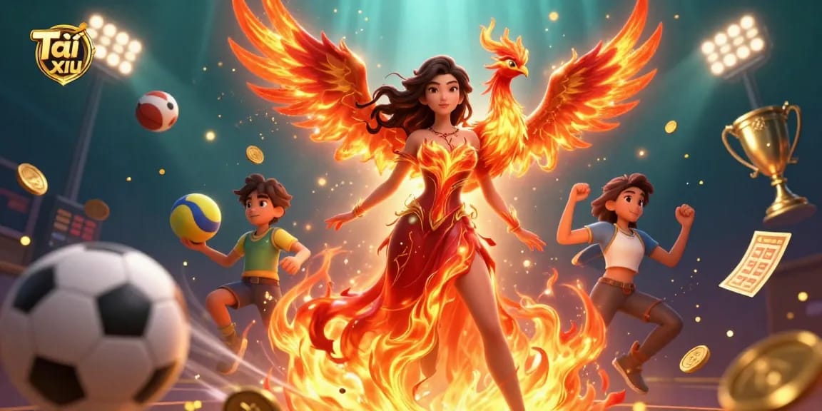 Tài xỉu illustration showcasing a stunning Asian woman and a fiery phoenix in a dynamic casino scene.