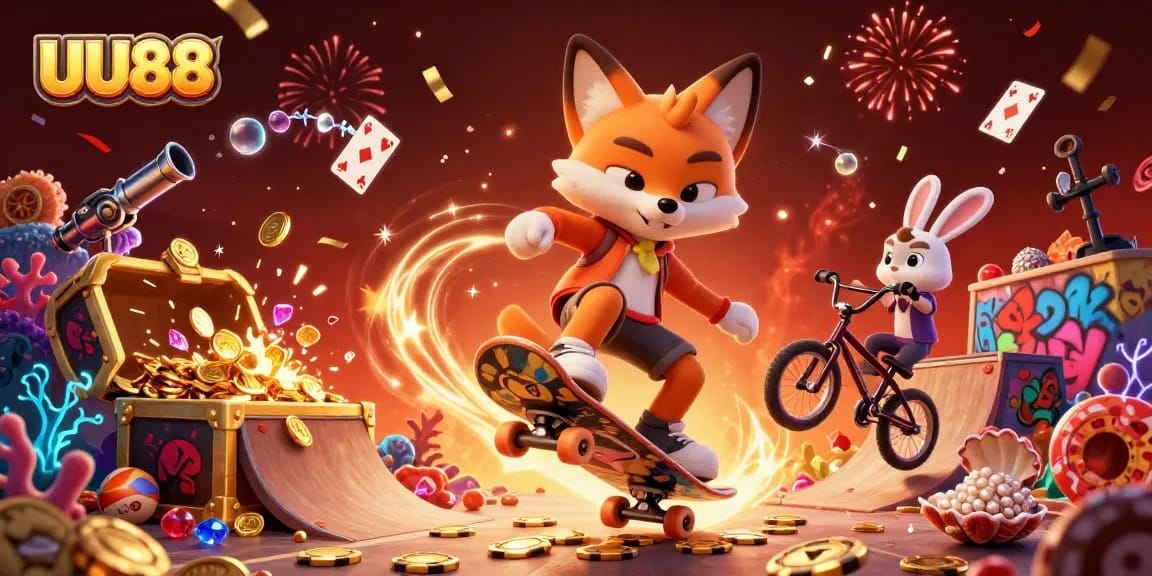 Experience thrilling action with the UU88 skateboarder fox and BMX rabbit in an immersive casino scene.