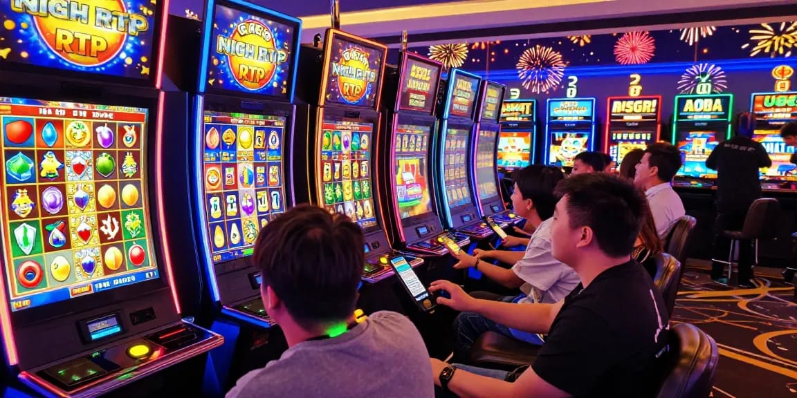 Pemain menikmati slot gacor online di kasino virtual dengan mesin slot berwarna cerah dan suasana meriah.