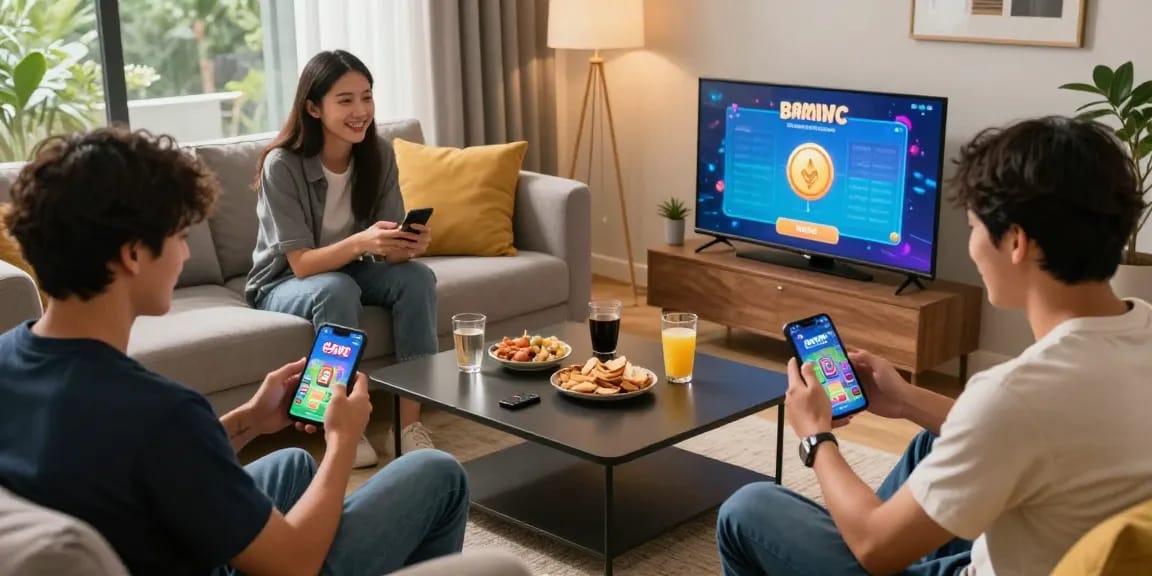 Players engaged with Card Rummy on smartphones, showcasing vibrant gaming experiences at https://cardrummyapp.com.pk/ in a stylish home environment.