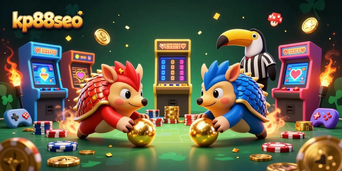 Pangolins in scaled armor roll golden balls while climbing poker chips at kp88seo casino event.