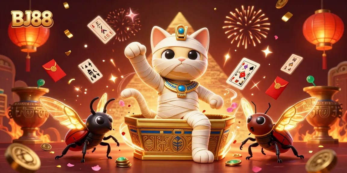 Experience thrilling adventures at BJ88 casino with a vibrant pyramid scene full of gaming elements.