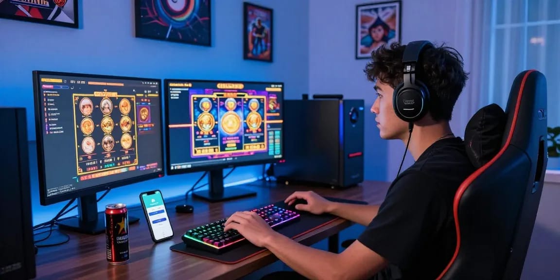 Exciting online gaming setup showcasing deposit tanpa minimal experience with multiple screens and gamer in action.