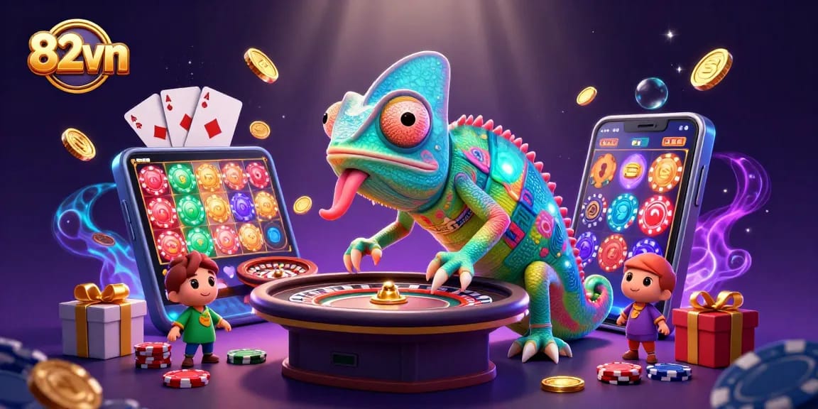Engage in thrilling gameplay with 82vn's vibrant 3D casino illustration featuring lively characters and game elements.