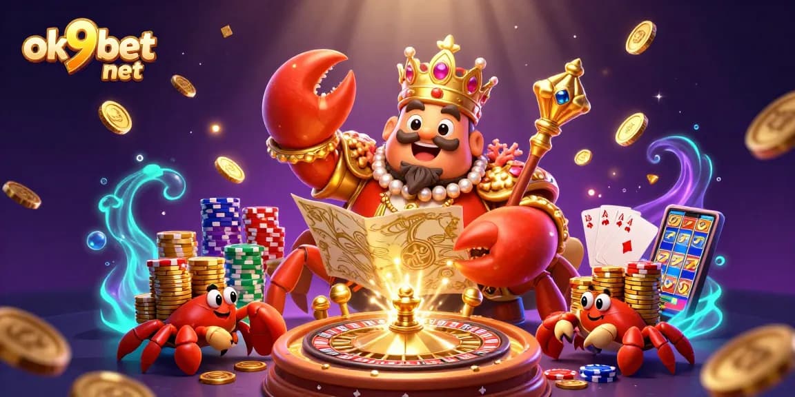 Engage with ok9bet net through a captivating 3D casino scene featuring a golden crab emperor amid dynamic gaming elements.
