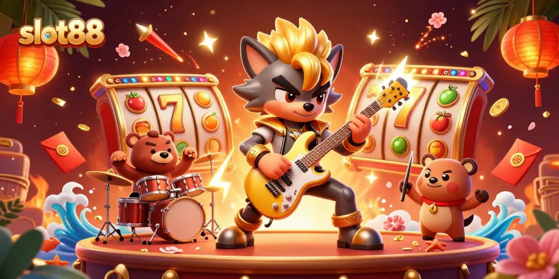 Experience the thrill of slot88 with a vibrant 3D illustration featuring a rock star wolf and dynamic casino elements.