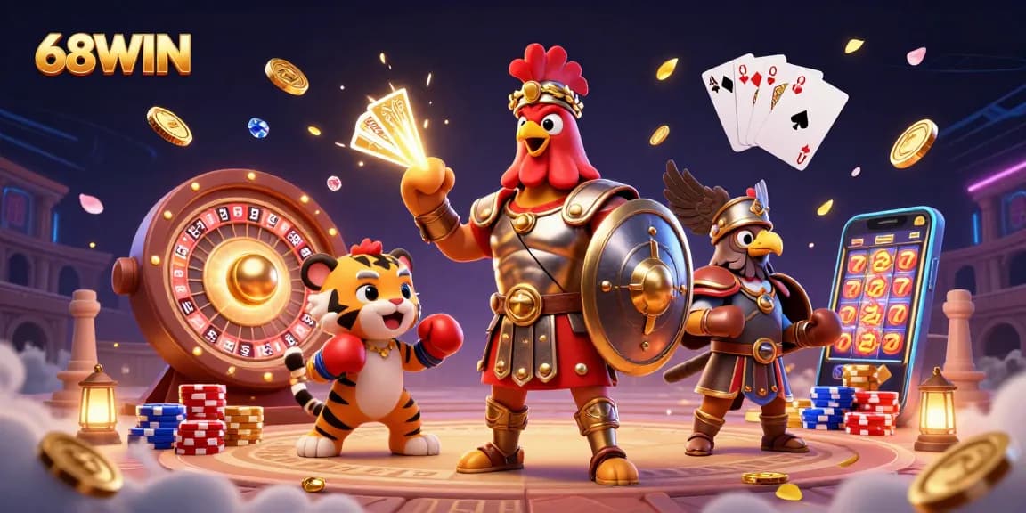 Experience excitement with 68WIN's thrilling gaming scene featuring a gladiator rooster among captivating casino elements.
