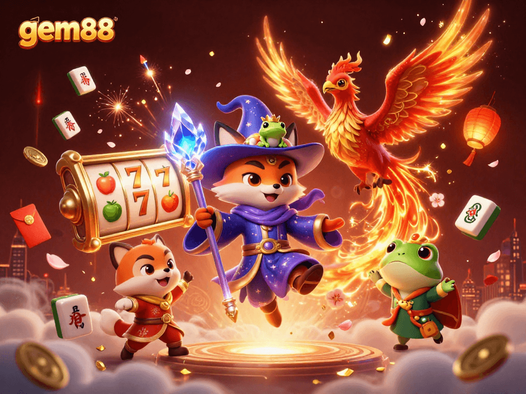 Experience thrilling moments at gem88 with a captivating 3D illustration filled with vibrant casino elements.