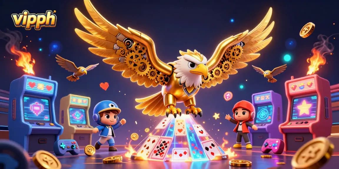 Experience thrilling gameplay with vipph as the golden eagle dives through vibrant holographic cards.