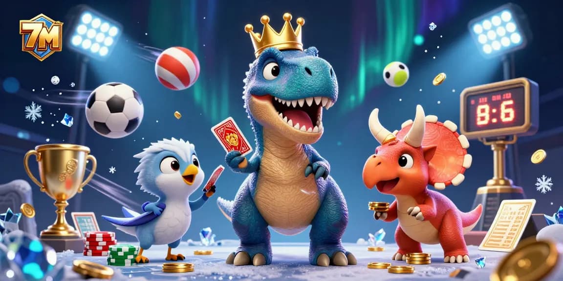 Play thrilling casino games with 7M while a friendly T-Rex shuffles cards and stacks chips.