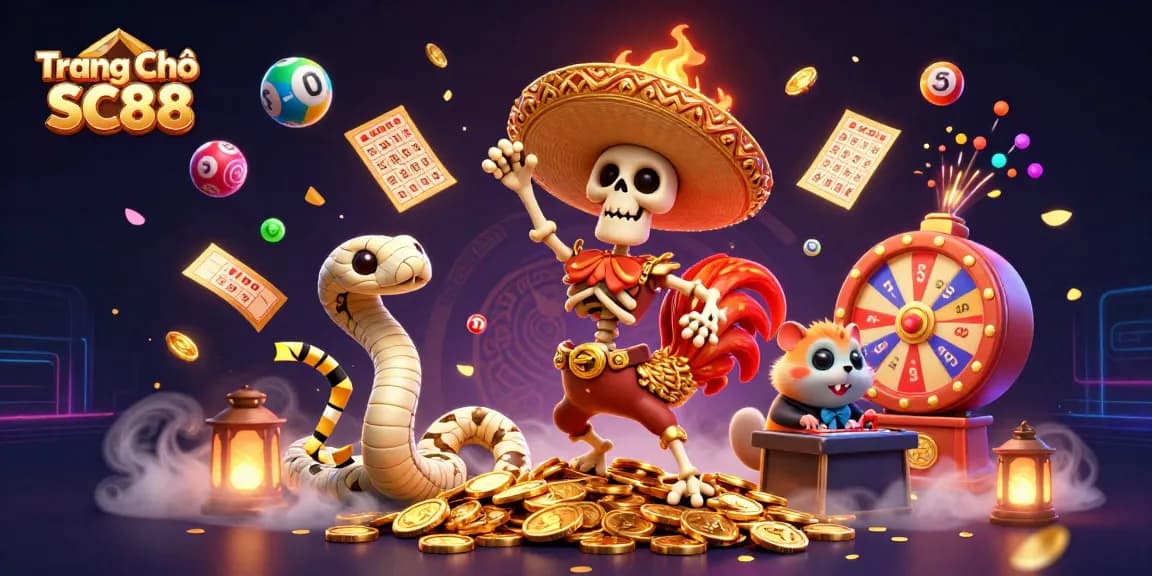 Engage with Trang Chủ SC88, a vibrant scene with a rooster, mummy snake, and DJ surrounded by colorful gambling elements.