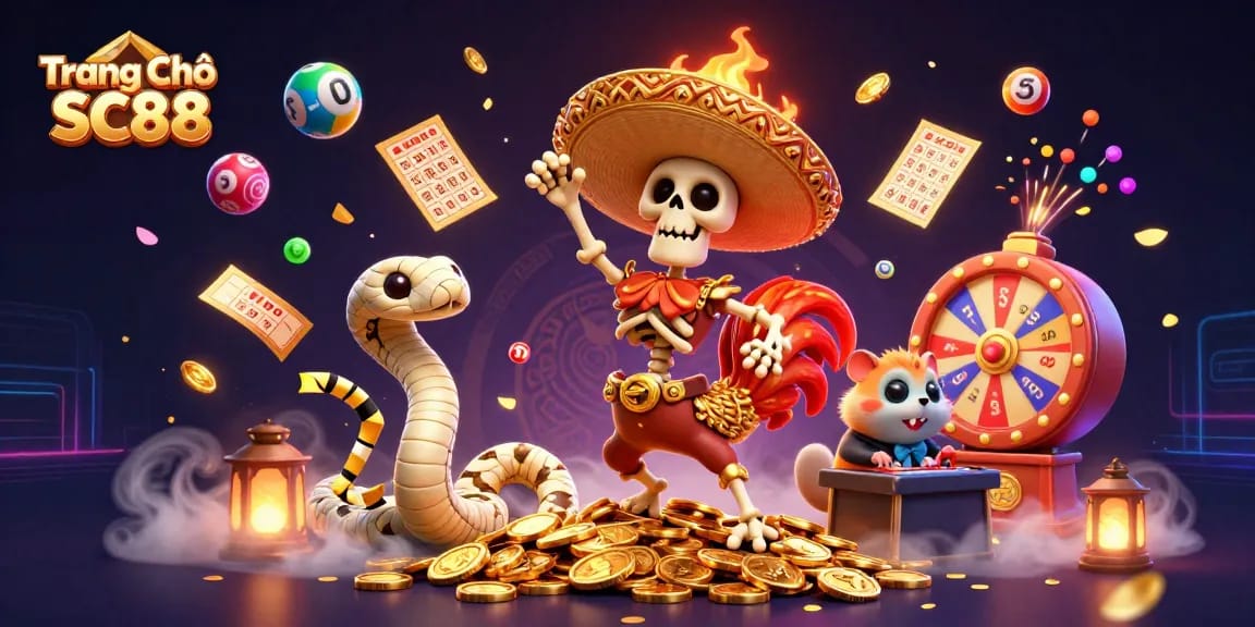 Engage with Trang Chủ SC88, a vibrant scene with a rooster, mummy snake, and DJ surrounded by colorful gambling elements.