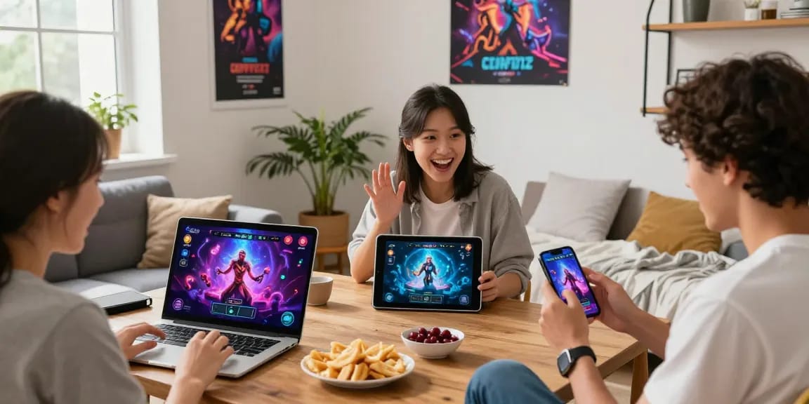Mind control porn gaming scene featuring diverse players excitedly engaged online across vibrant settings.