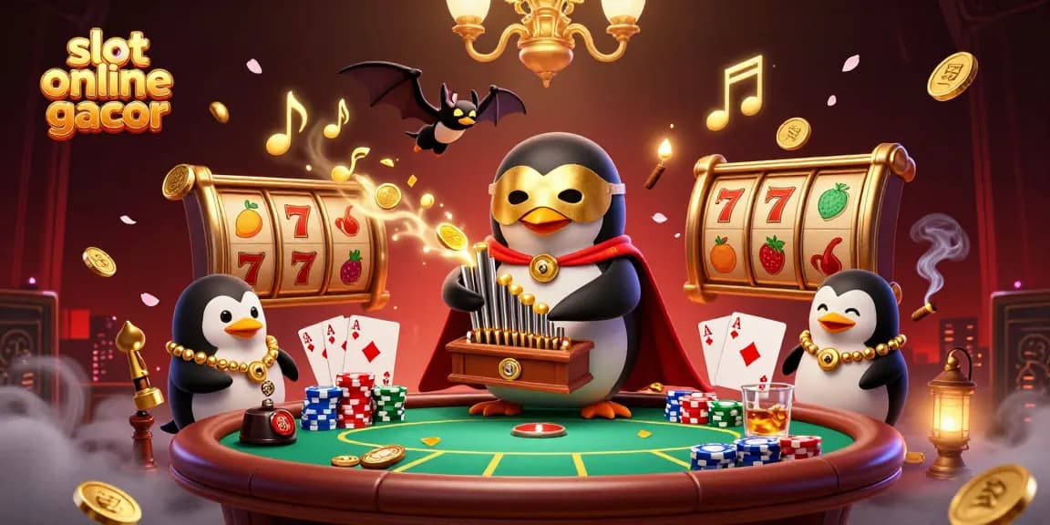 Menggandakan kesenangan bermain slot online gacor dengan penguin orkestra yang bermain organ dengan koin emas.
