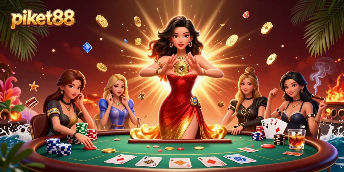Win big with piket88; stunning Asian woman holding a golden coin surrounded by casino elements.