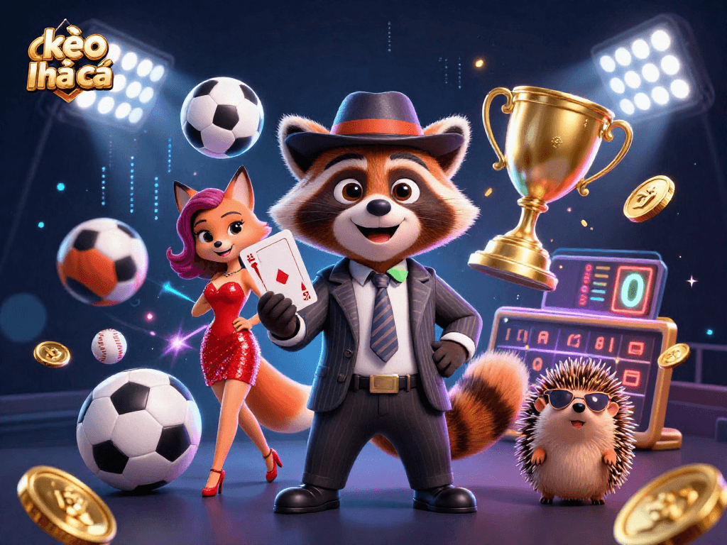 Engage with kèo nhà cái through dynamic sports betting scenes featuring 3D characters and action-packed elements.