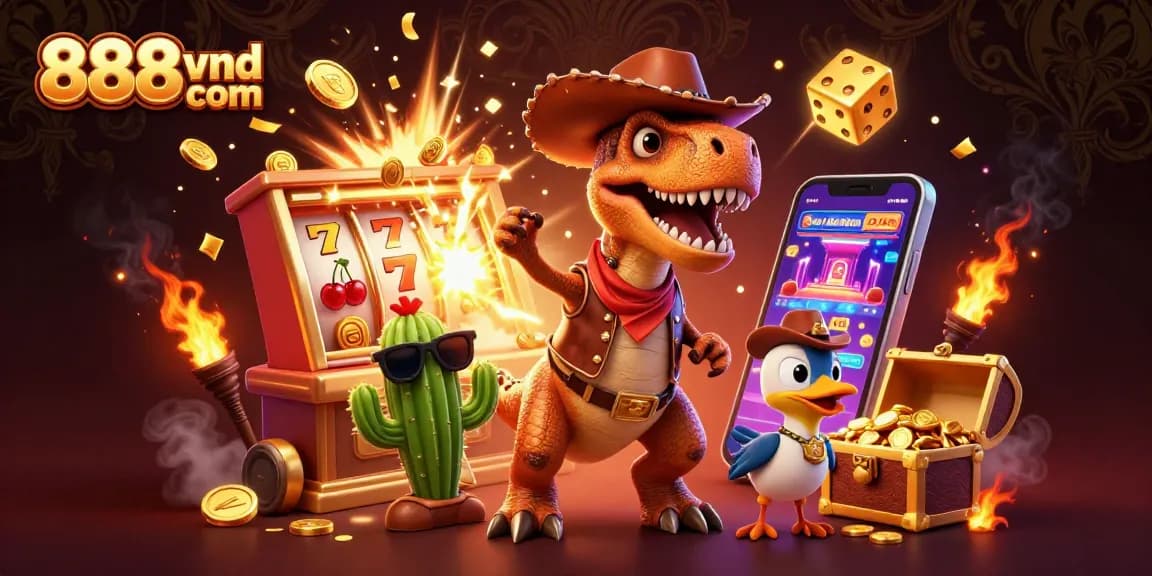 Experience the exhilarating fun at 888vnd com with a vibrant jackpot scene featuring cartoon characters and casino elements.