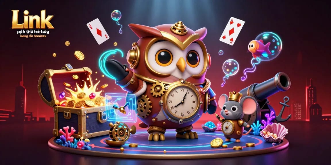 Link phát trực tiếp bóng đá hôm nay features a vibrant casino scene with cartoon owl and mouse.