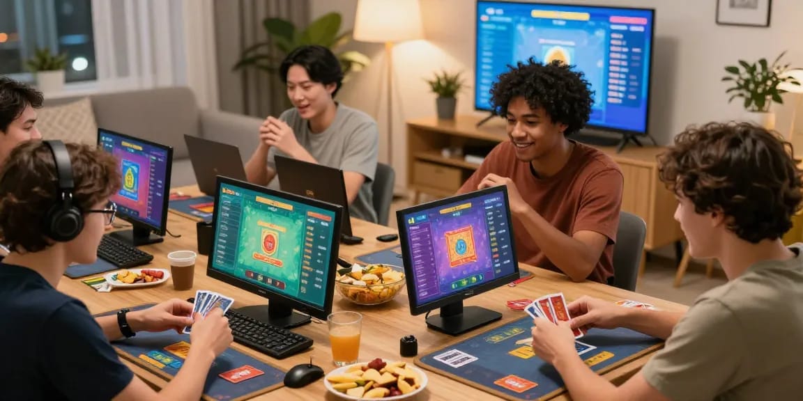 A dynamic gaming session with friends celebrating wins in gamebaidoithuong, showcasing excitement and social interaction.