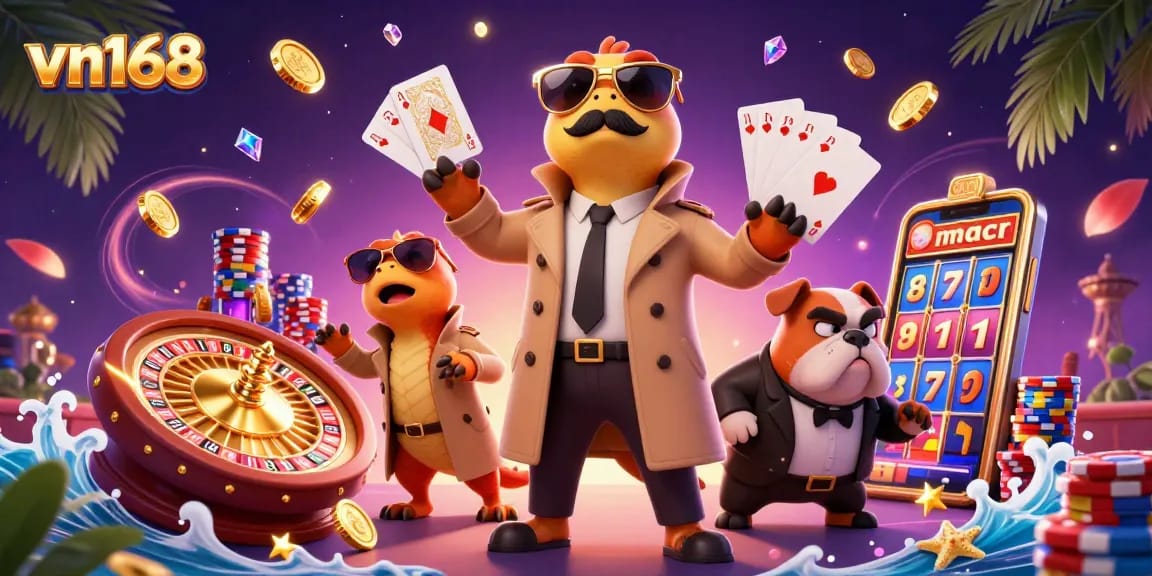 Engage with vn168's captivating casino scene featuring raptors and a bulldog bouncer surrounded by gambling elements.