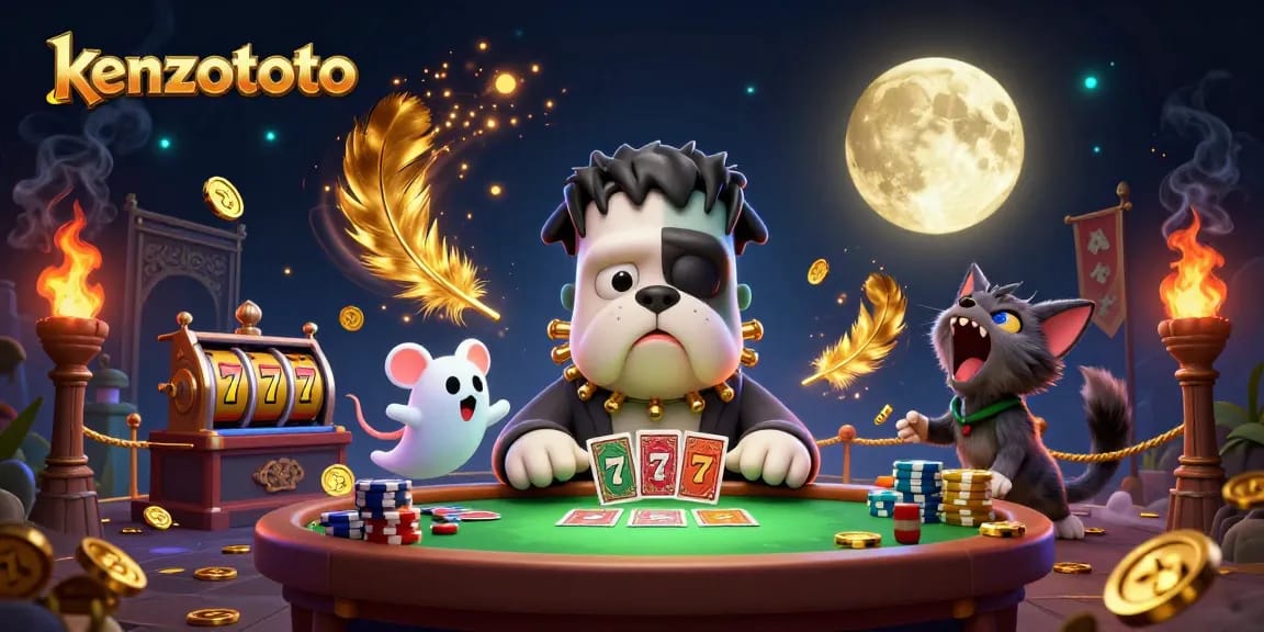 Kenzototo gaming scene with a bulldog dealer, ghost mouse, and werewolf kitten surrounded by slot machines and vibrant casino elements.