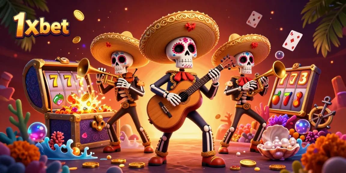 Experience thrilling gameplay with 1x bet as vibrant mariachi skeletons celebrate wins amidst casino treasures.