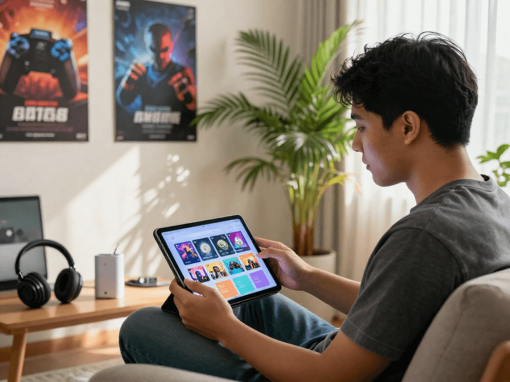 bd188 platform na ginagamit ng tech-savvy na Pilipino sa tablet, nag-e-explore ng mga laro at apps.