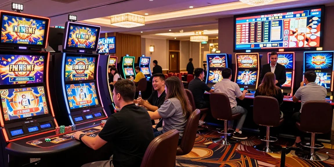Pengalaman bermain tanganemas di kasino modern dengan mesin slot dan suasana ceria.