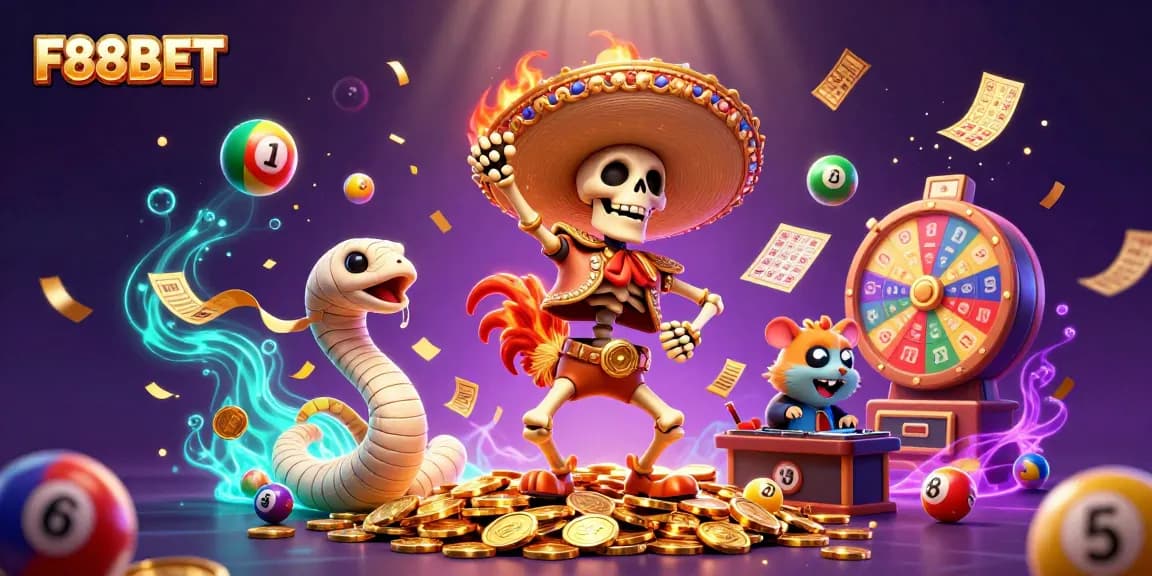 F88BET features a festive scene with a mariachi rooster celebrating winning jackpots surrounded by lottery elements.