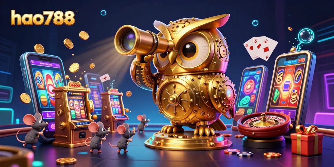 Mengamati pengalaman bermain slot di HAO788 dengan gambar burung hantu emas dan karakter menarik lainnya.