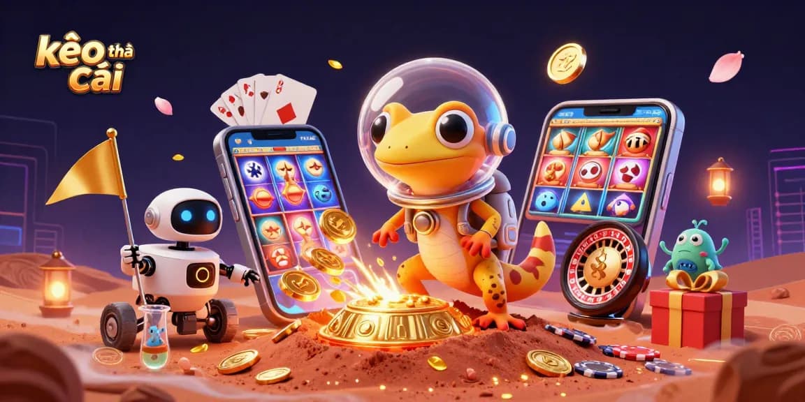 Bet on kèo nhà cái with thrilling excitement as Martian gecko discovers a golden casino, surrounded by vibrant gaming elements.