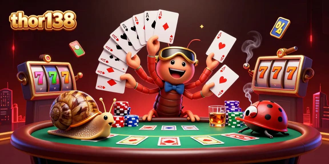 Menangkan permainan dengan thor138 di kasino online dengan ilustrasi dealer unik dan banyak chip poker.