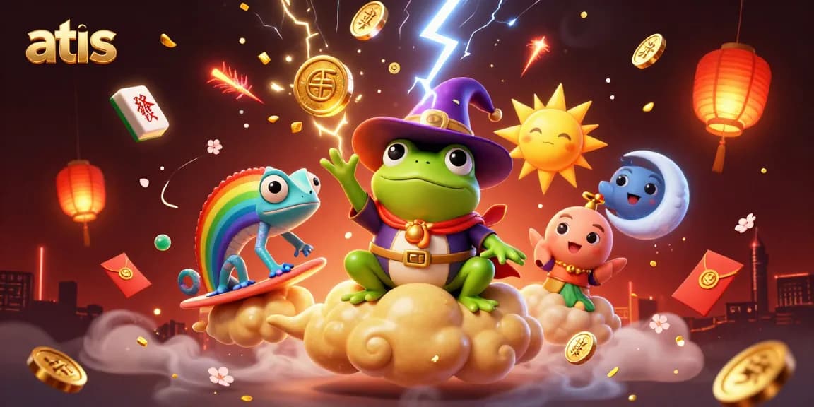 Catch golden coins falling around the atas frog wizard and rainbow chameleon in a vibrant casino scene.