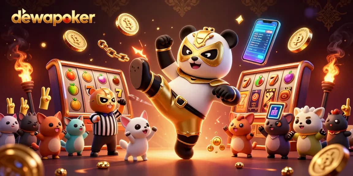 Permainan dewapoker dengan panda pegulat 3D beraksi di tengah suasana kasino menegangkan.